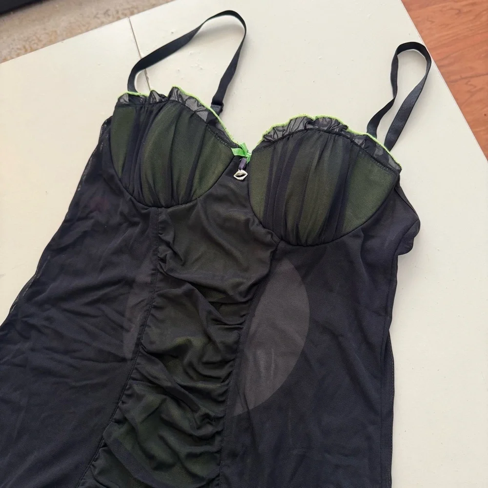 Cyber Glam Neon Lime Green Black Mesh Chemise Open Back Ruffle Festival Corset - Picture 2 of 9